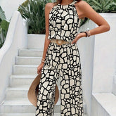 Printed Waist-controlled Lace-up Top One-piece Trousers